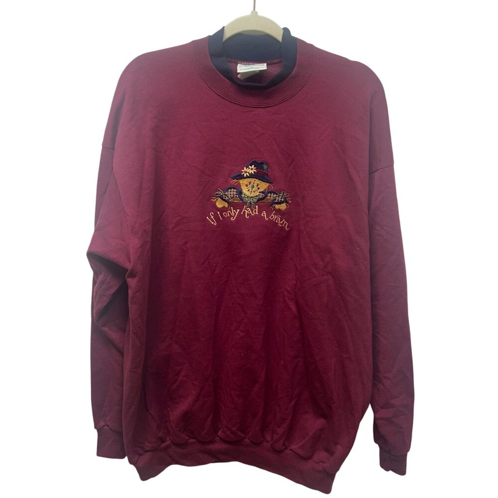 Vintage Burgundy Sweatshirt 3X Embroidered Scarecrow "If I Only Had A Brain" fal